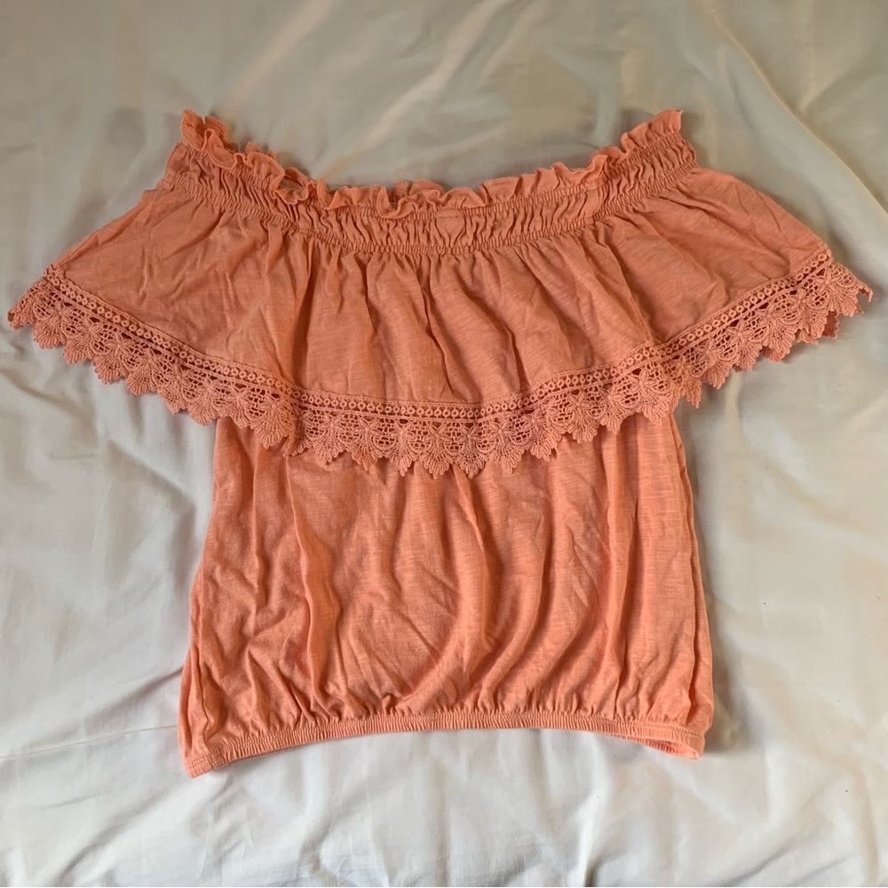 American Rag Lace Off the Shoulder Ruffle Peach Blouse/Top